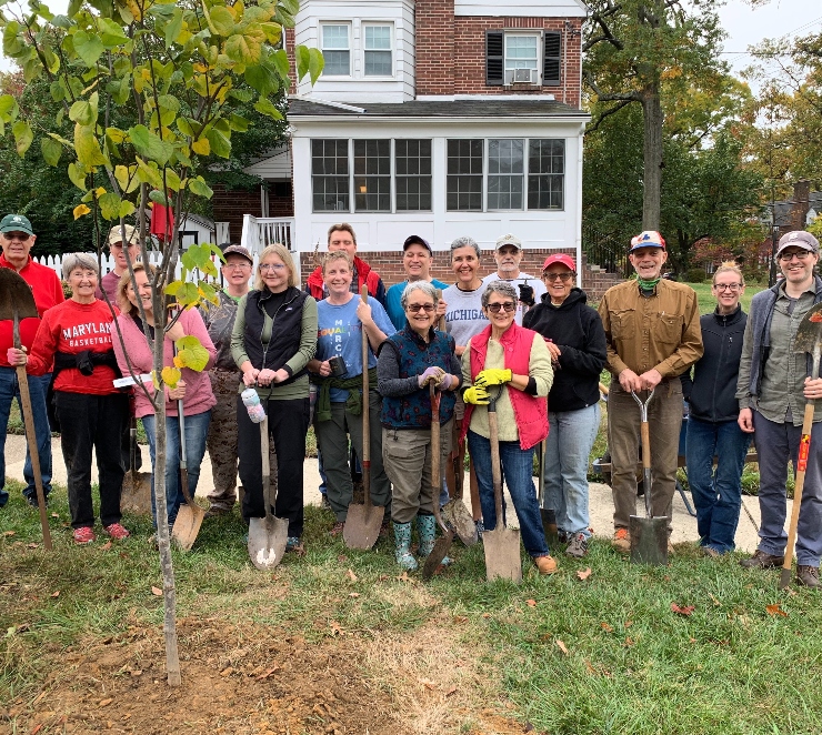 a group of volunteers stand by a tree during the UP community tree planting day on October 26, 2019