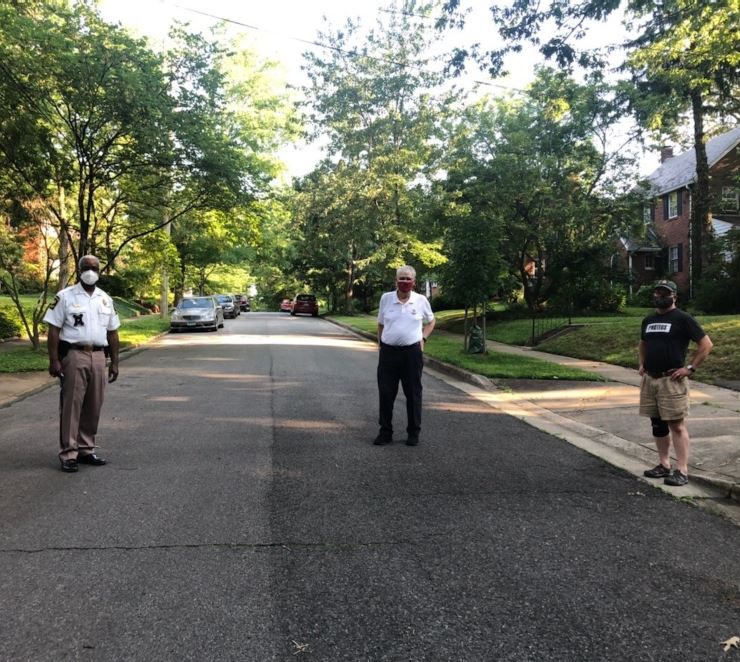 Walking Wednesdays with Chief Baker, Mayor Carey and Councilmember Joe Schultz walking through Town
