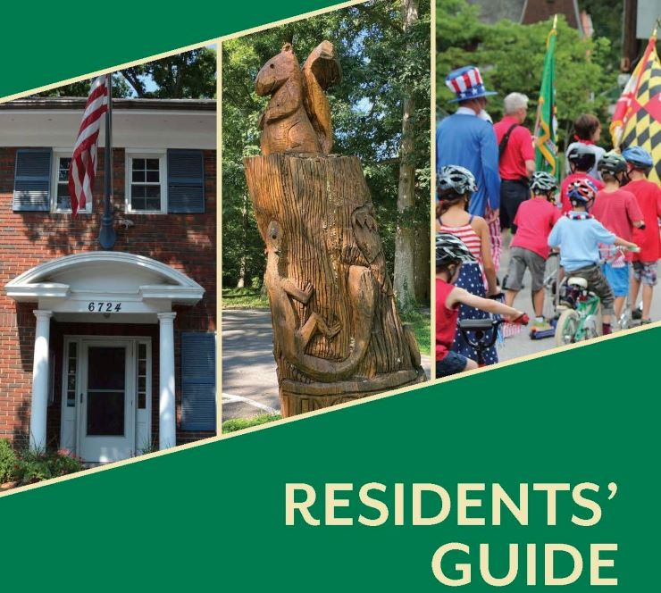 Cover of Residents' Guide showing 3 pictures-Town Hall, Squirrel Wood Carving and July 4th parade