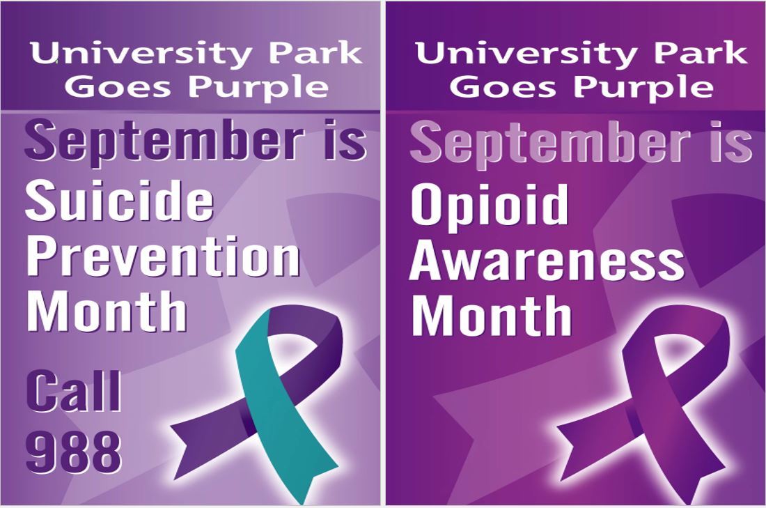 Purple Suicide and Opioid Prevention flyer with ribbon