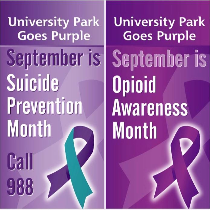 Purple Suicide and Opioid Prevention flyer with ribbon