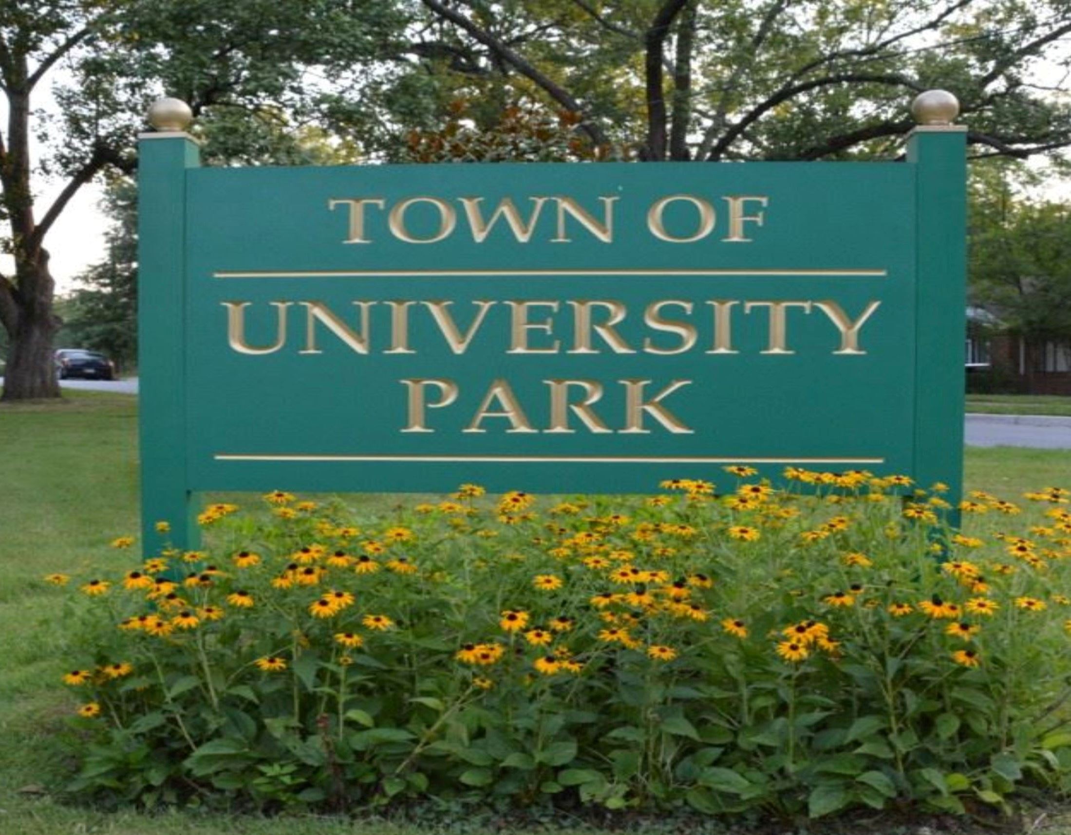Town sign with black eyed susan flowers