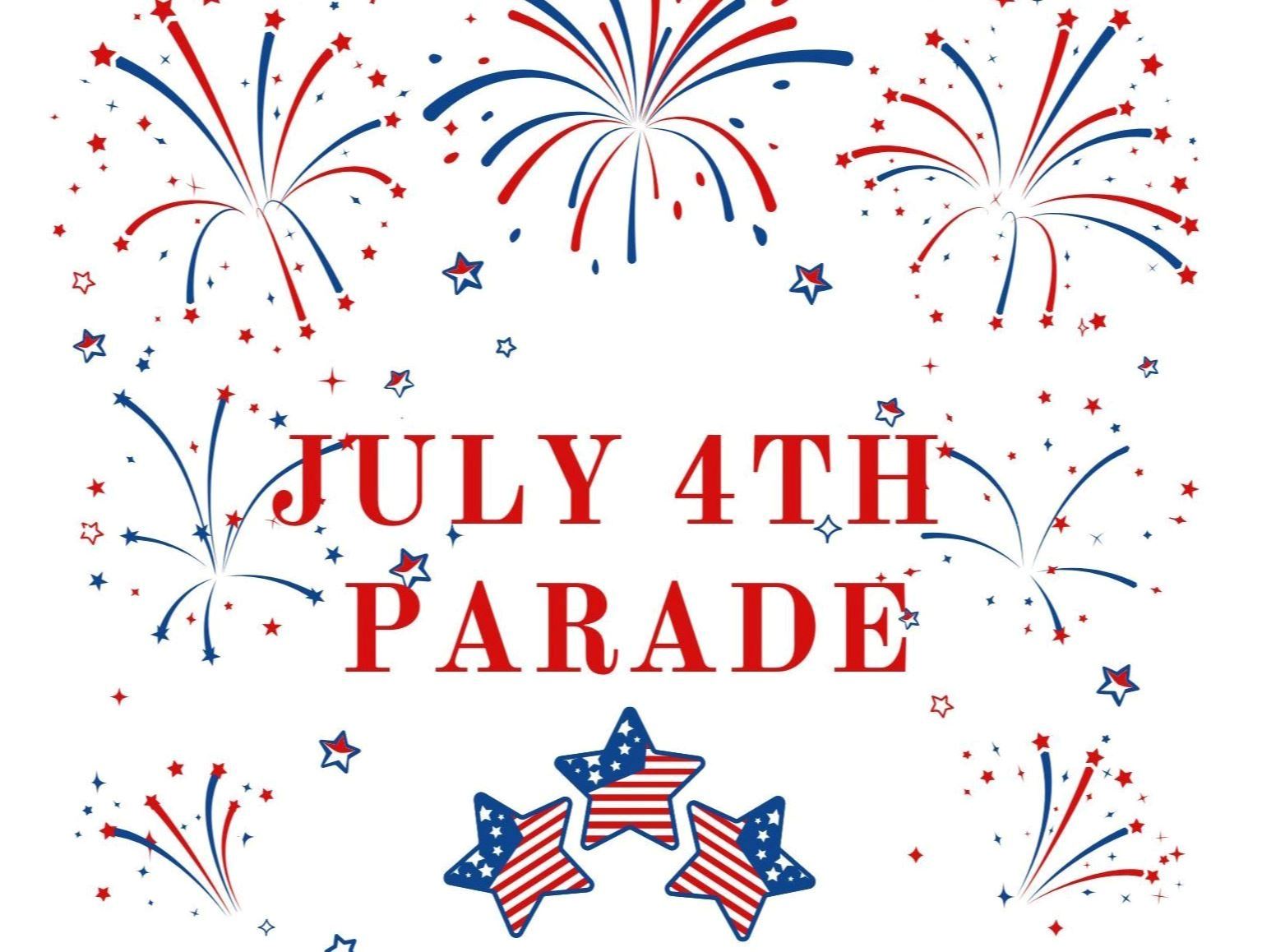 red, white, and blue picture fireworks with the words July 4th Parade in red