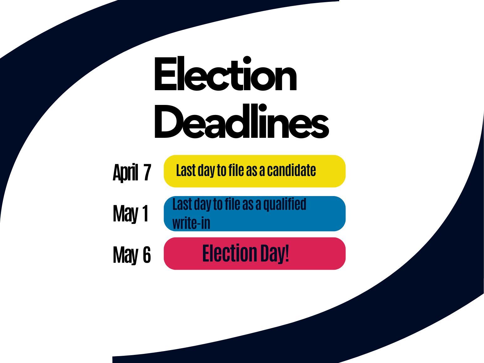 white flyer with three colored banners with election deadline information
